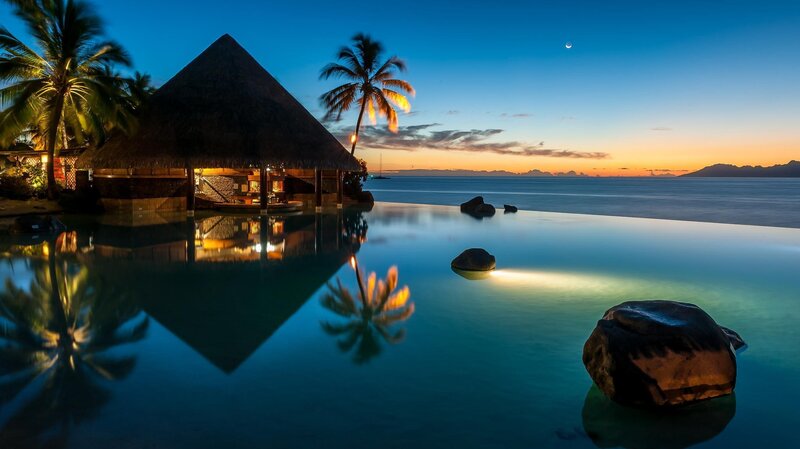 Thatched Hut by Pool — Blue, Serene, Sunset