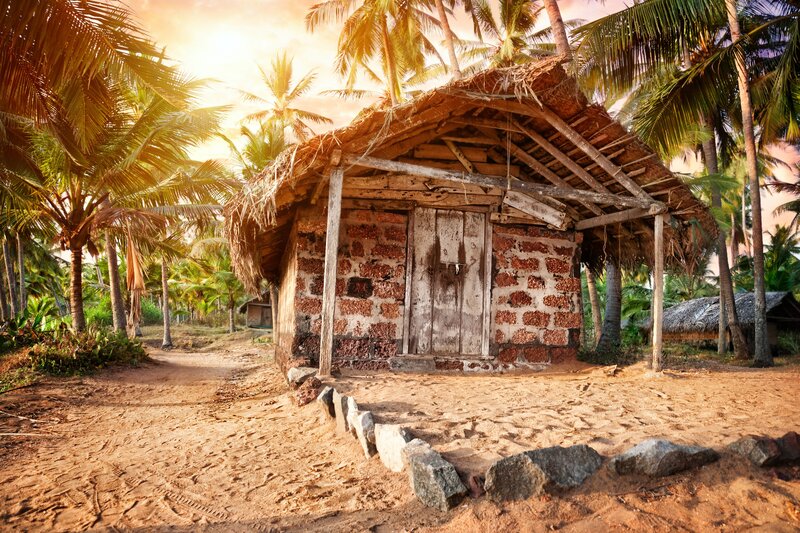 Thatched hut in tropical village