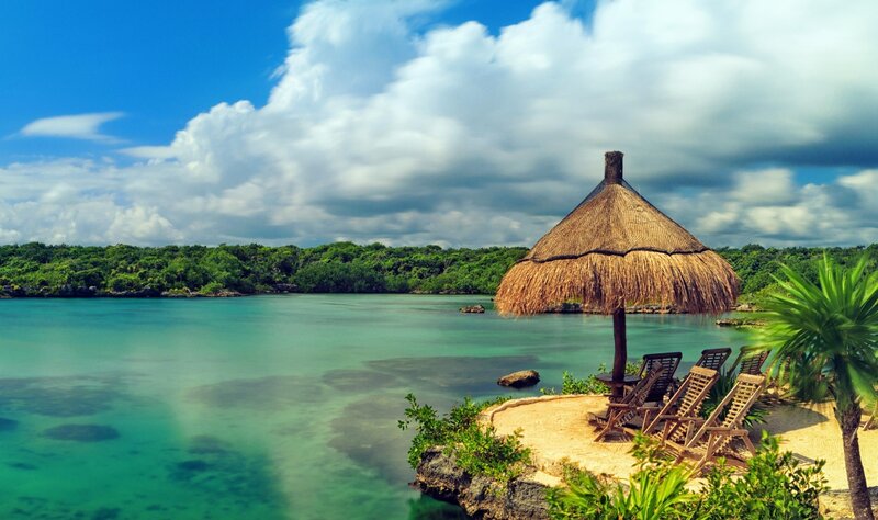 Thatched Hut on Beach — Blue, Serene, Afternoon, Photograph, Lounge Chairs, Palm Tree