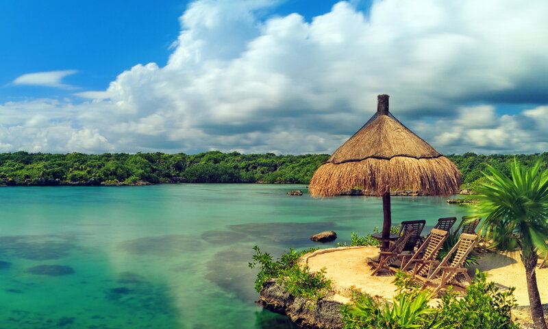 Thatched Hut on Beach — Blue, Serene, Afternoon, Photograph, Lounge Chairs