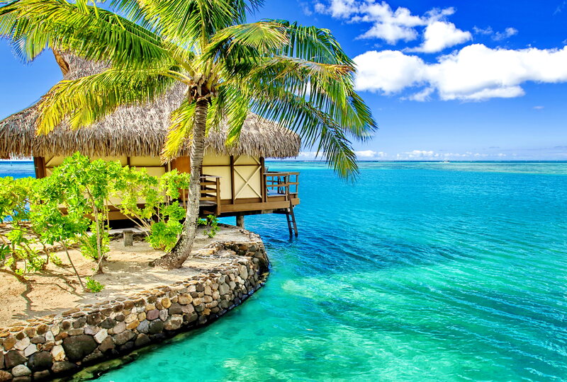 Thatched Hut on Beach — Blue, Serene, Afternoon, Photograph, Palm Tree, Ocean, Sky