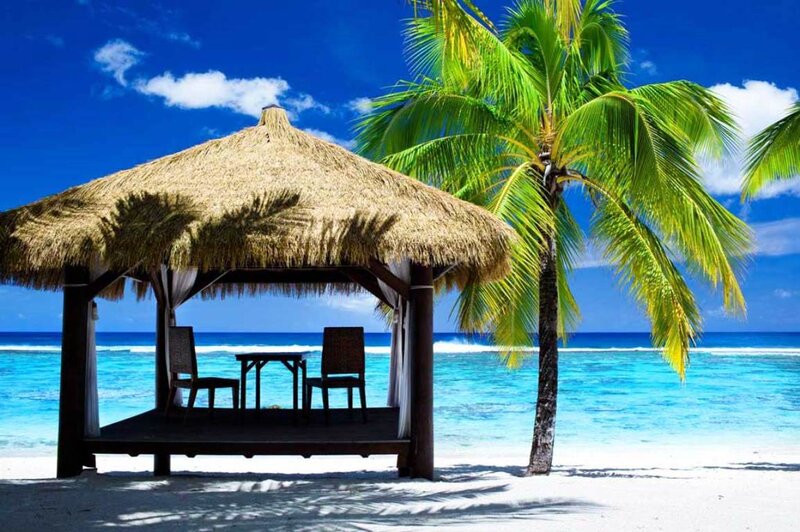Thatched Hut on Beach — Blue, Serene, Afternoon, Photograph, Palm Tree, Ocean, Table, Chairs