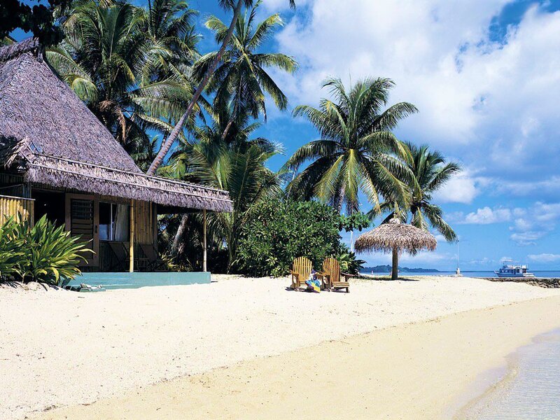 Thatched Hut on Beach — Blue, Serene, Afternoon, Photograph, Palm Trees, Beach Chairs