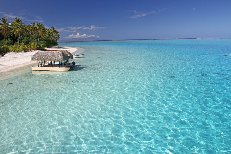 Thatched Hut on Beach — Blue, Serene, Afternoon, Photograph, Palm Trees, Boat