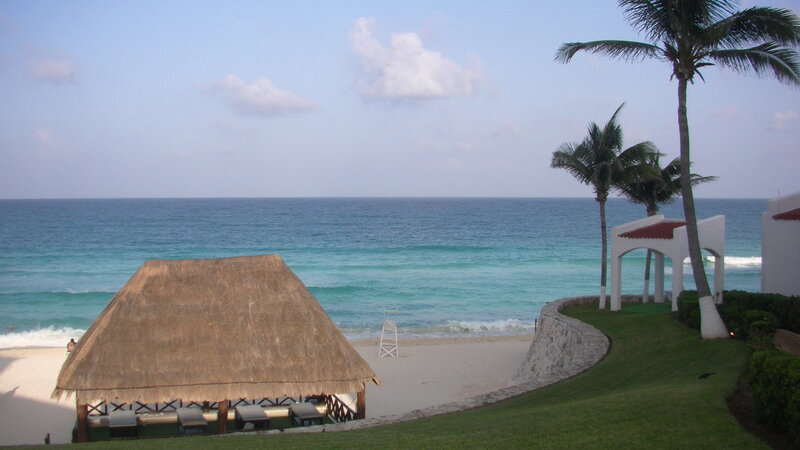 Thatched Hut on Beach — Blue, Serene, Afternoon, Photograph, Palm Trees, Ocean