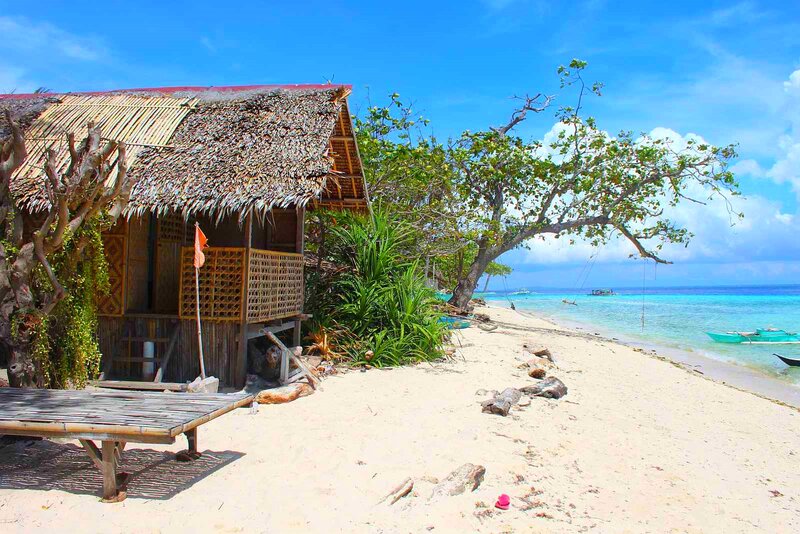 Thatched Hut on Beach — Blue, Serene, Afternoon, Photograph, Tree