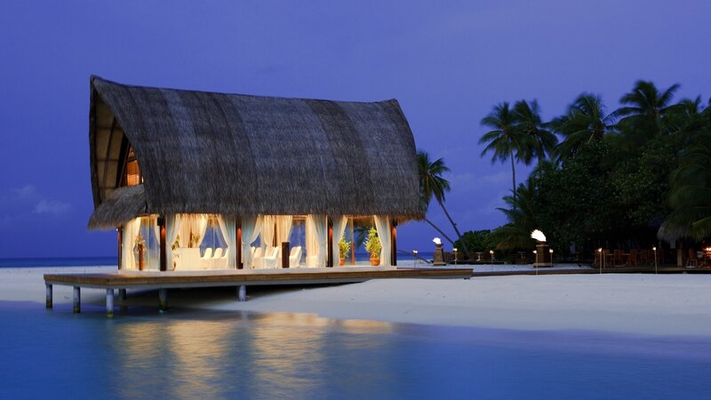 Thatched Hut on Beach — Blue, Serene, Night