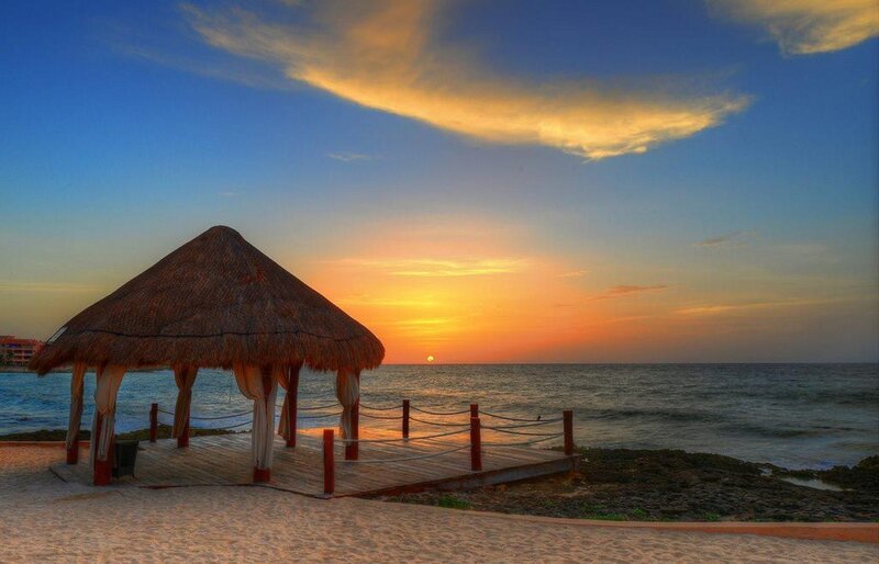 Thatched Hut on Beach — Blue, Serene, Sunset, Photograph