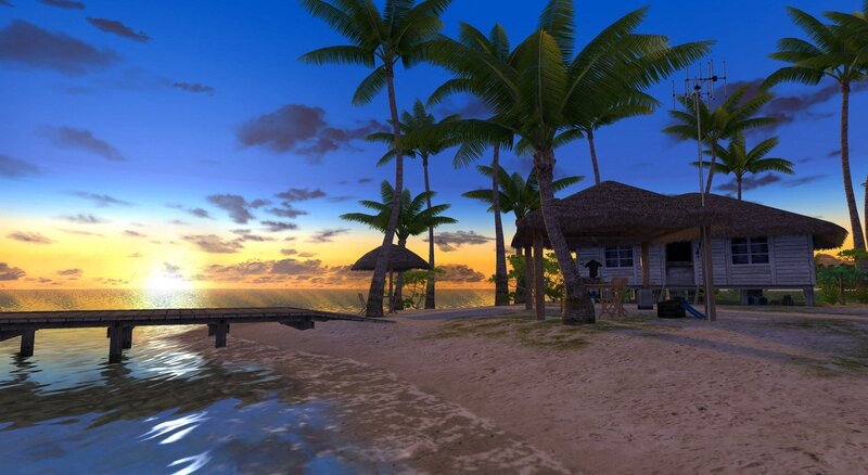 Thatched Hut on Beach — Blue, Serene, Sunset