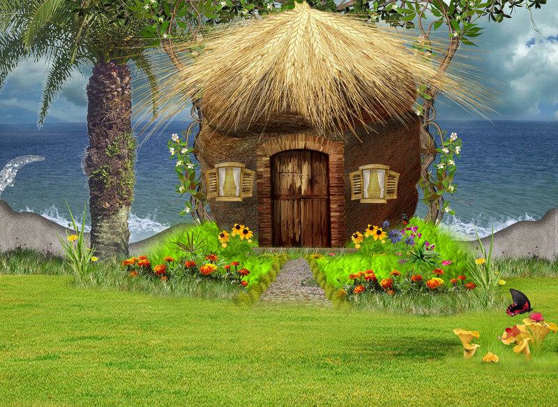 Thatched Hut on Beach — Green, Serene, Afternoon