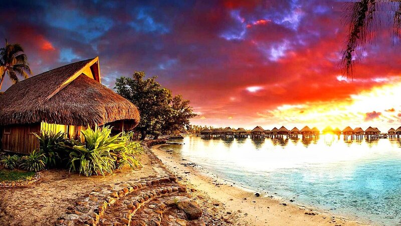 Thatched Hut on Beach — Red, Dramatic
