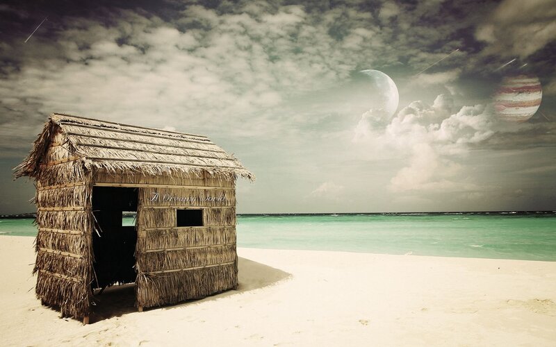 Thatched Hut on Beach — White