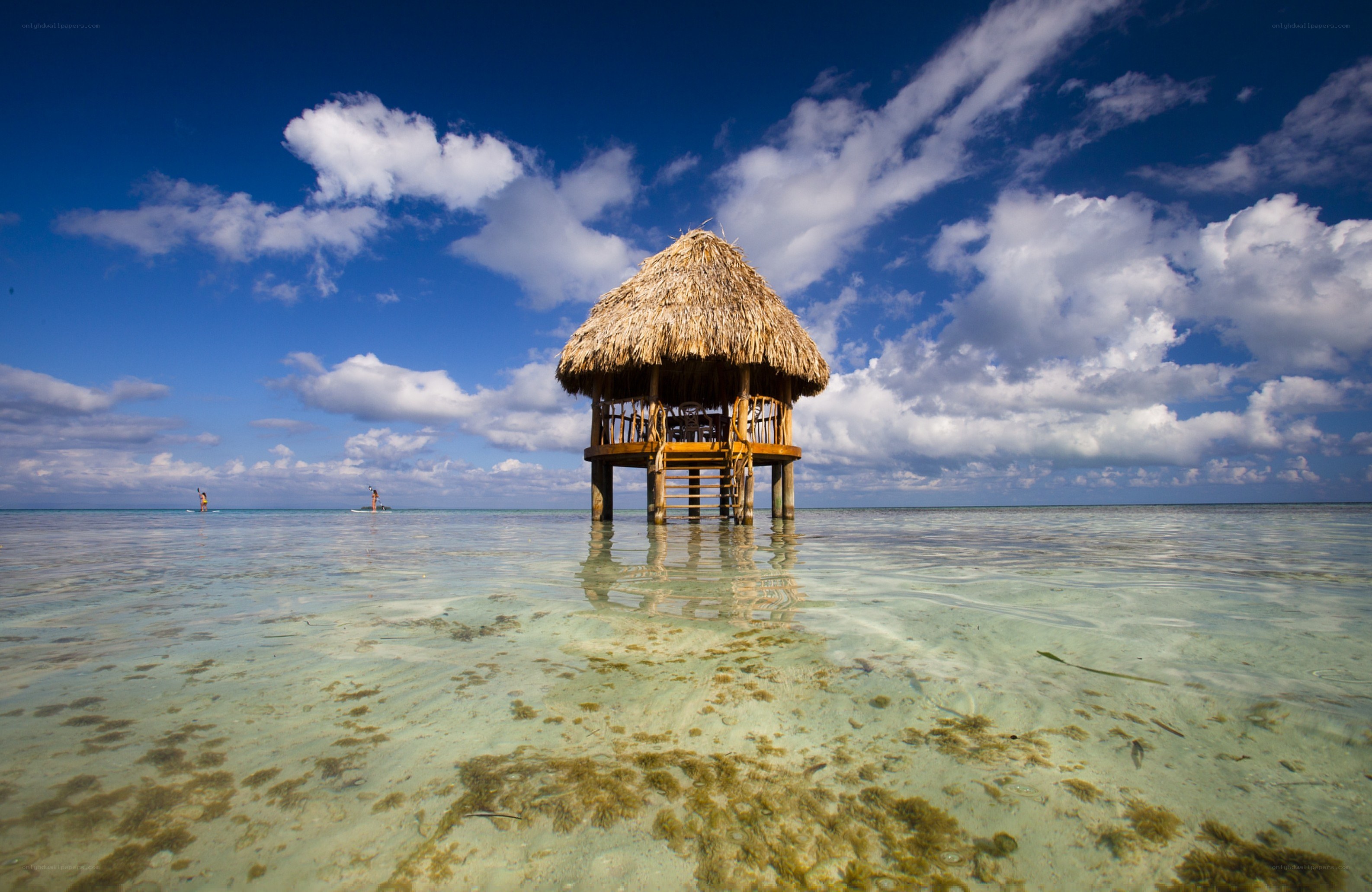 Thatched hut on clear water