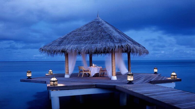 Thatched Hut on Pier — Blue, Serene, Night