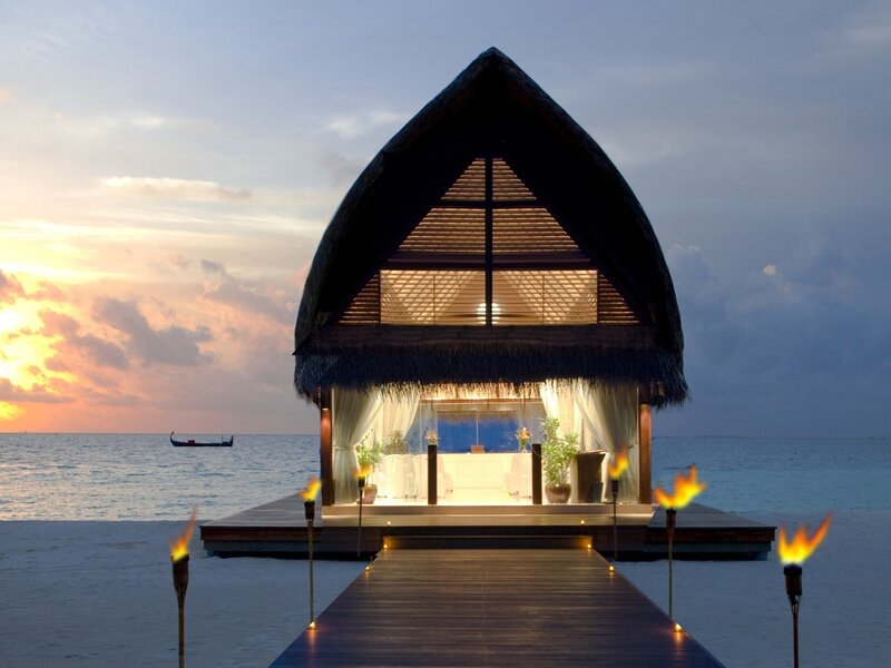 Thatched Hut on Pier — Blue, Serene, Sunset