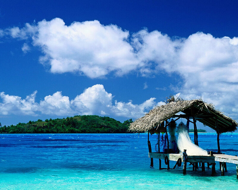 Thatched Hut on Pier — Blue