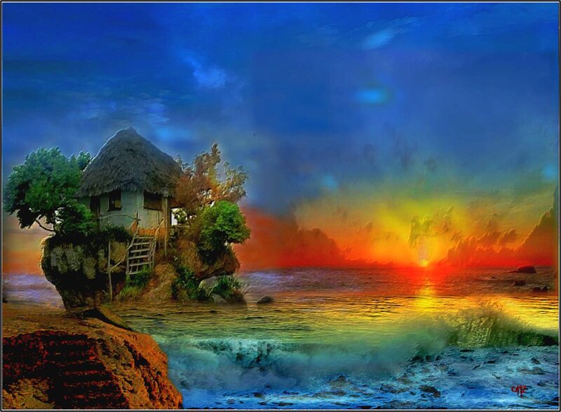 Thatched Hut on Rock — Blue