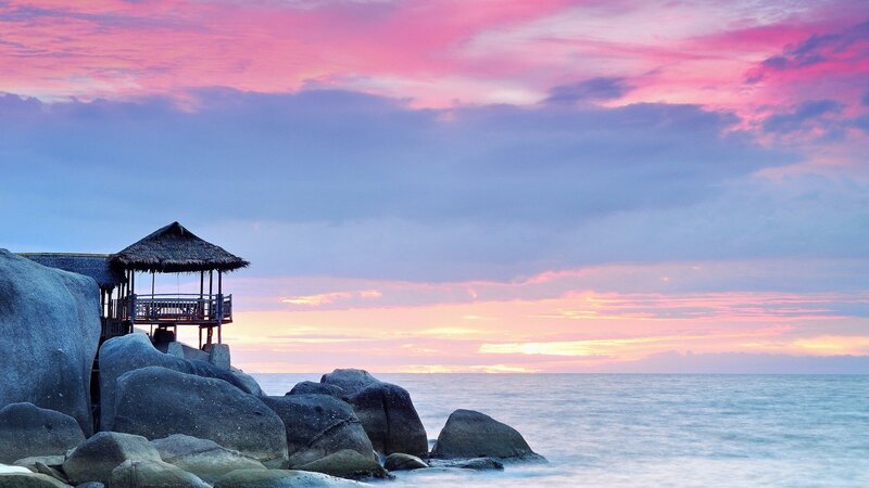 Thatched Hut on Rocks — Pink