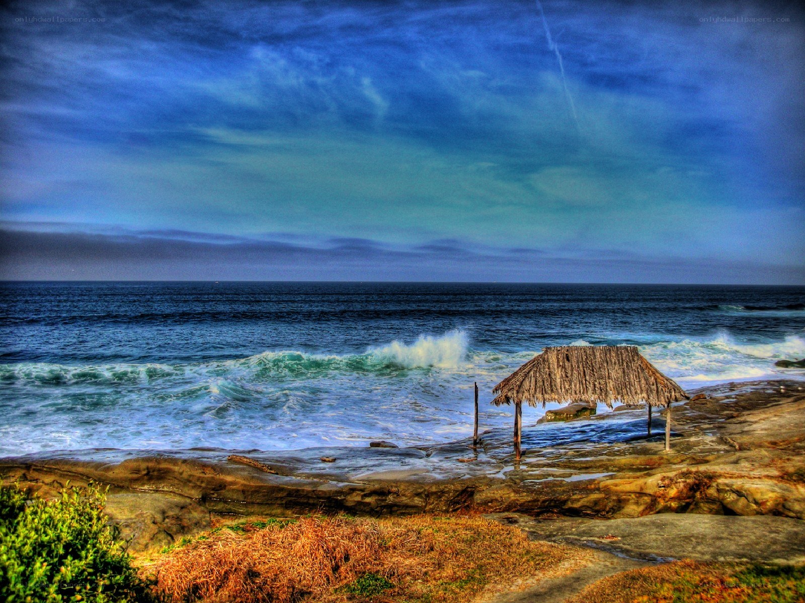 Thatched hut on rocky shore