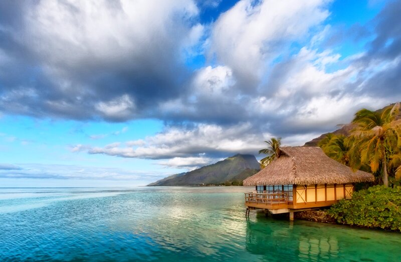 Thatched Hut on Water — Blue, Serene, Afternoon, Photograph, Palm Trees