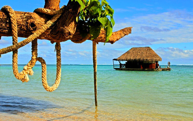 Thatched Hut on Water — Blue, Serene, Afternoon, Photograph, Rope