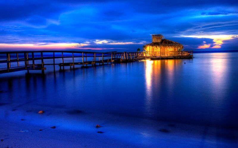 Thatched Hut on Water — Blue