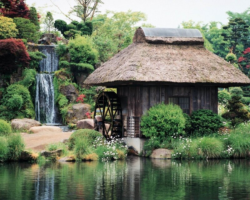 Thatched Hut with Waterwheel — Green, Serene