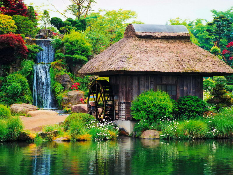 Thatched Hut with Waterwheel — Green