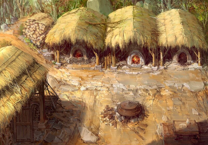 Thatched huts in a forest clearing
