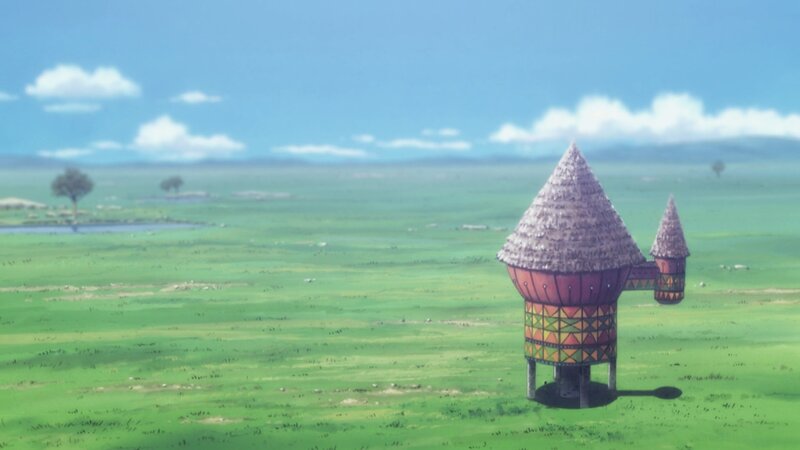 Thatched Huts in Field