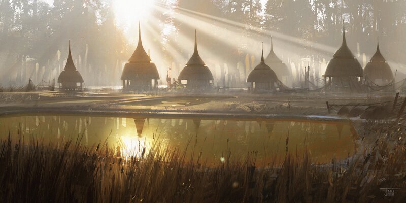 Thatched Huts in Swamp