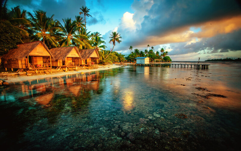 Thatched Huts on Beach — Blue, Dramatic