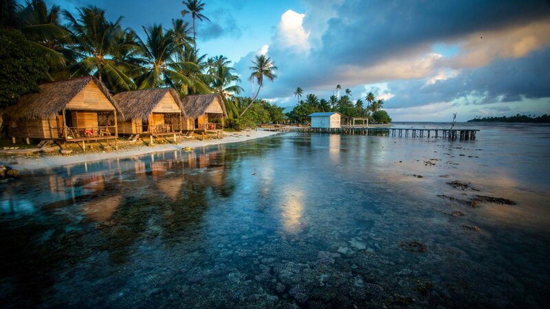 Thatched Huts on Beach — Blue, Serene, Sunset, Photograph, Palm Trees