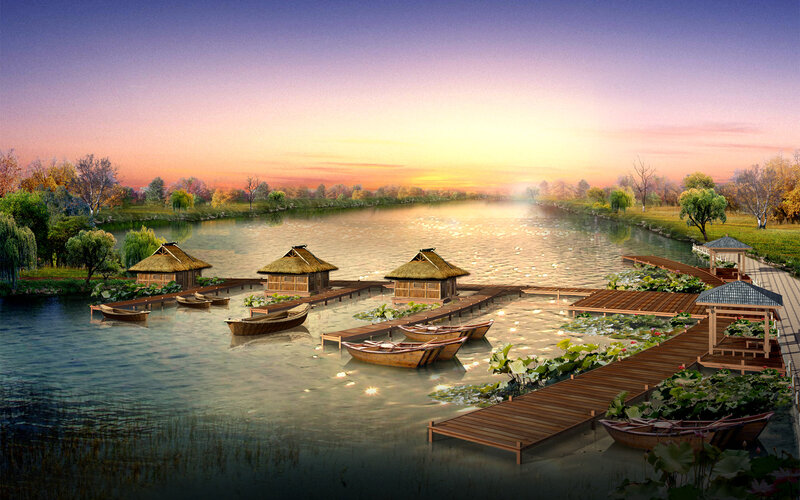 Thatched Huts on Lake