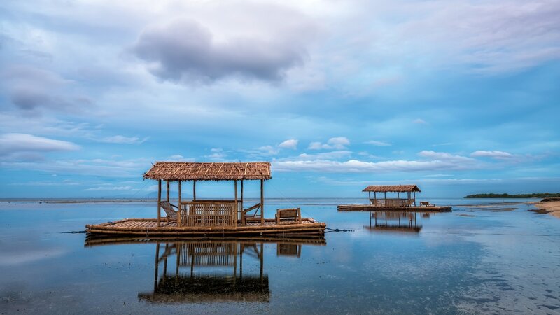 Thatched Huts on Rafts — Blue