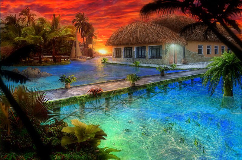 Thatched Huts on Tropical Island