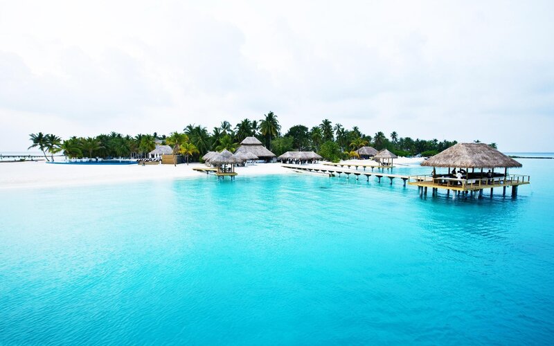 Thatched Huts on Water — Blue, Serene, Afternoon, Photograph, Palm Trees, Beach, Dock