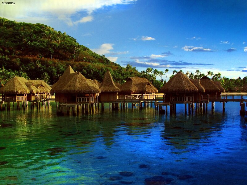 Thatched Huts on Water — Blue, Serene