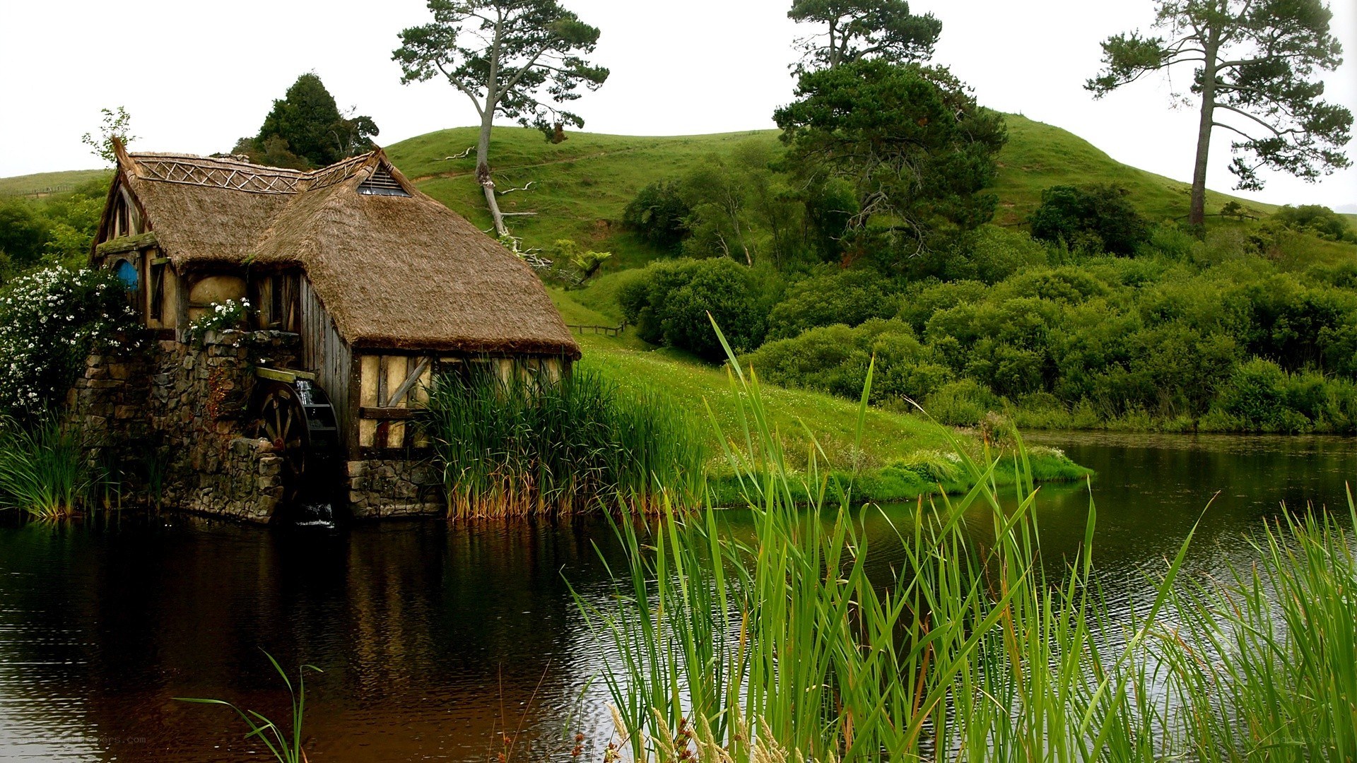 Thatched mill by a river