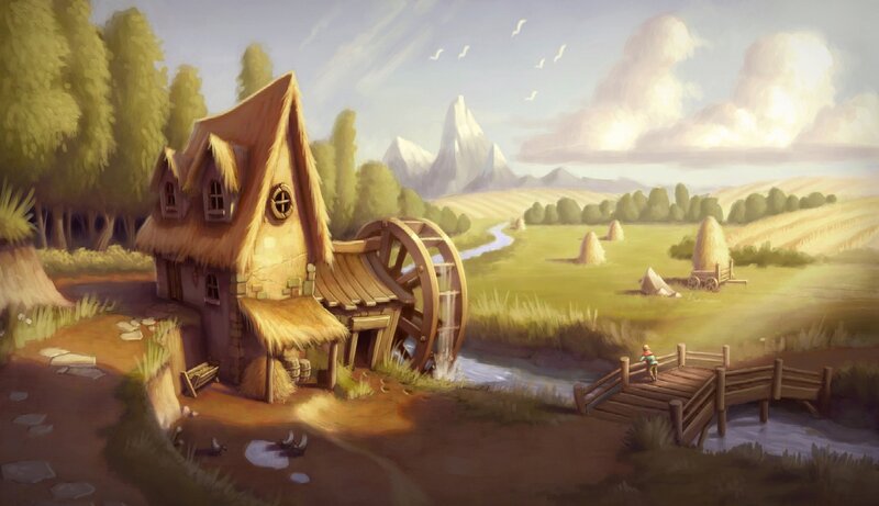 Thatched Mill by River — Green, Serene, Afternoon
