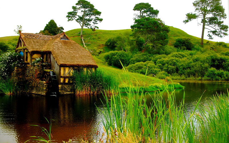 Thatched Mill by River — Green