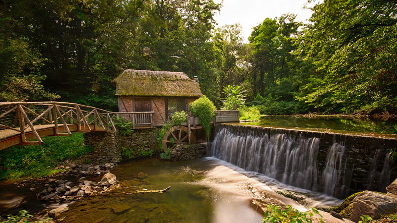 Thatched Mill by Waterfall — Green