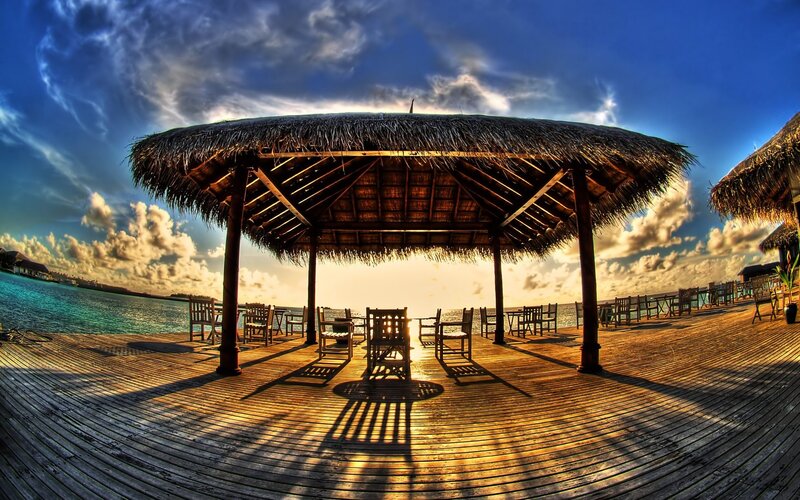 Thatched Pavilion on Deck — Blue, Dramatic