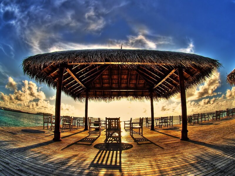 Thatched Pavilion on Pier — Blue, Dramatic
