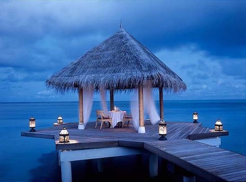 Thatched Pavilion on Pier — Blue, Serene, Night