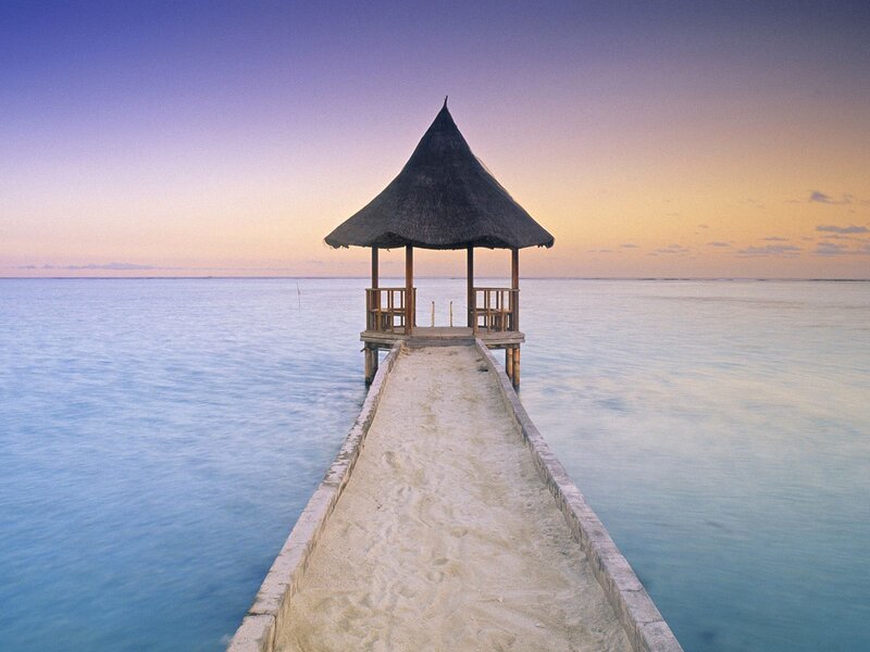 Thatched Pavilion on Pier — Blue, Serene, Sunset, Photograph, Ocean, Sky, Purple