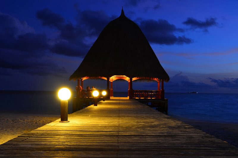Thatched Pavilion on Pier — Blue, Serene