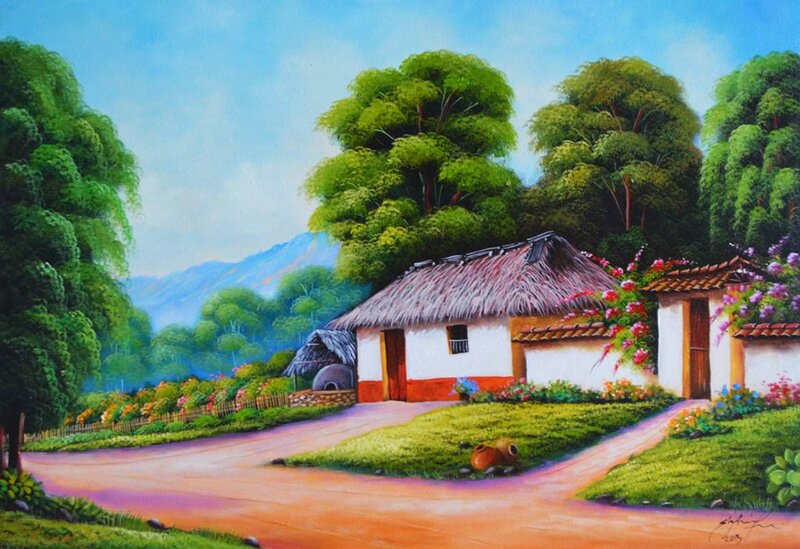Thatched-roof Cottage — Green, Serene, Afternoon, Painting