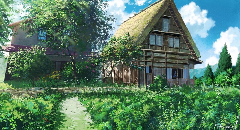 Thatched-roof House — Green, Serene, Afternoon, Digital Art