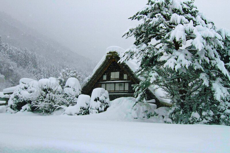 Thatched-roof House in Snow — White